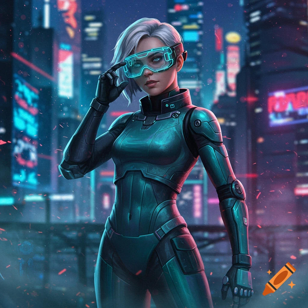 Digital art of a woman in a dark sci-fi suit adjusting glowing blue goggles, standing in a neon-lit cyberpunk city at night.