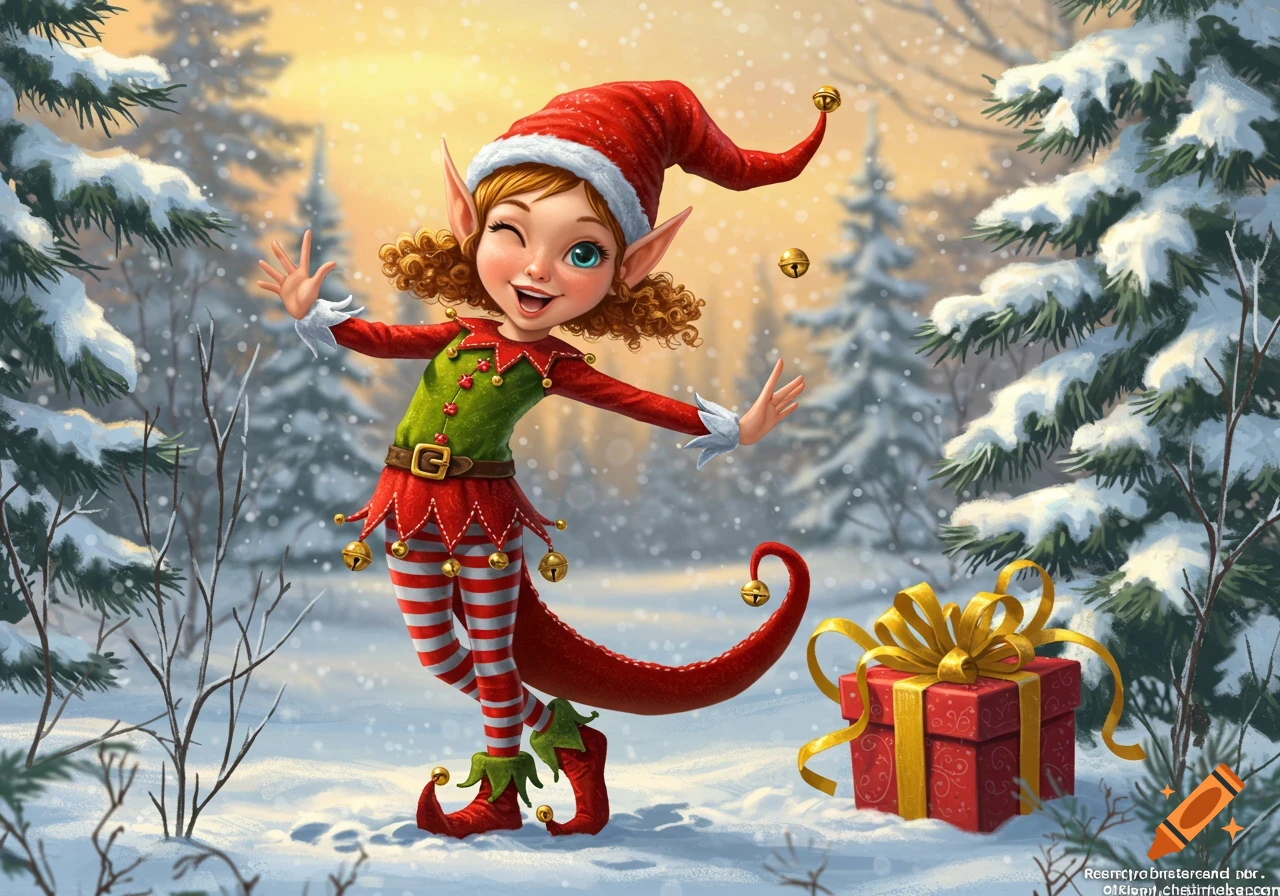 A cheerful Christmas elf winks, making a playful gesture in a snowy forest with a red gift.