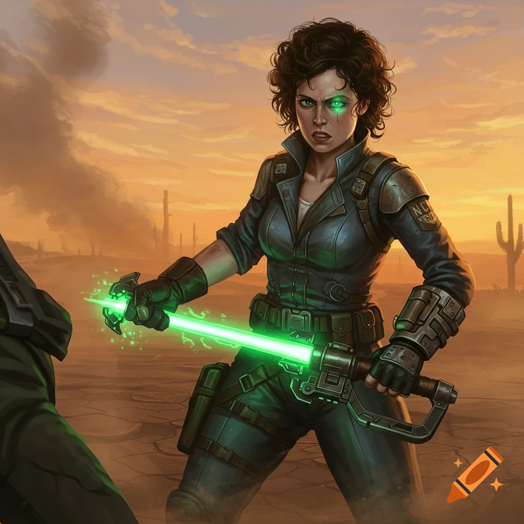 A determined woman in a dark armored suit wields a glowing green energy blade in a desolate desert landscape at sunset. Digital art style.