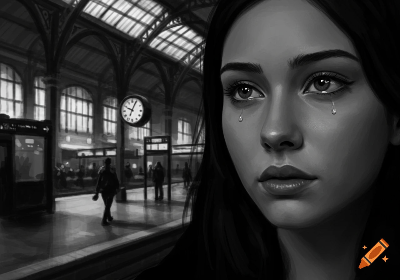 Black and white close-up of a crying girl, with a blurry train station and large clock in the background.