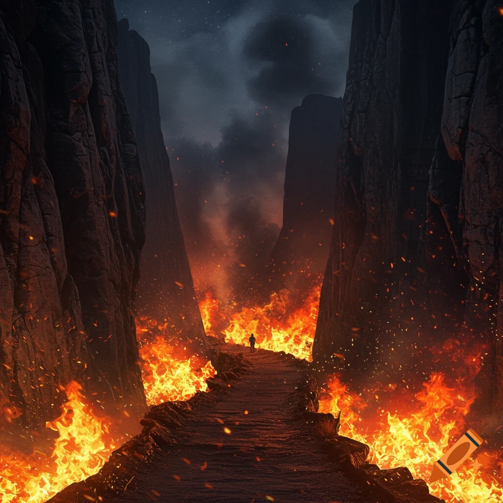 A narrow, winding path through towering dark cliffs with raging fires on both sides under a stormy, starry sky. A lone figure walks into the distance.