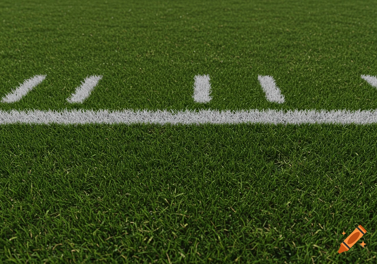 Close-up view of green artificial turf on a football field with white yard lines.