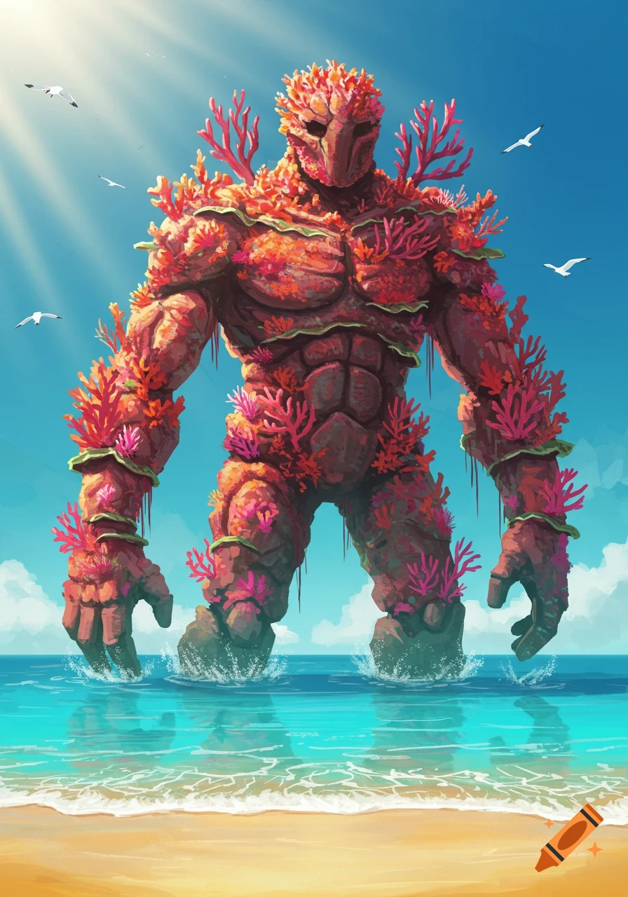 Vibrant coral golem standing in shallow ocean water on a sunny beach, seagulls flying overhead. Digital illustration.