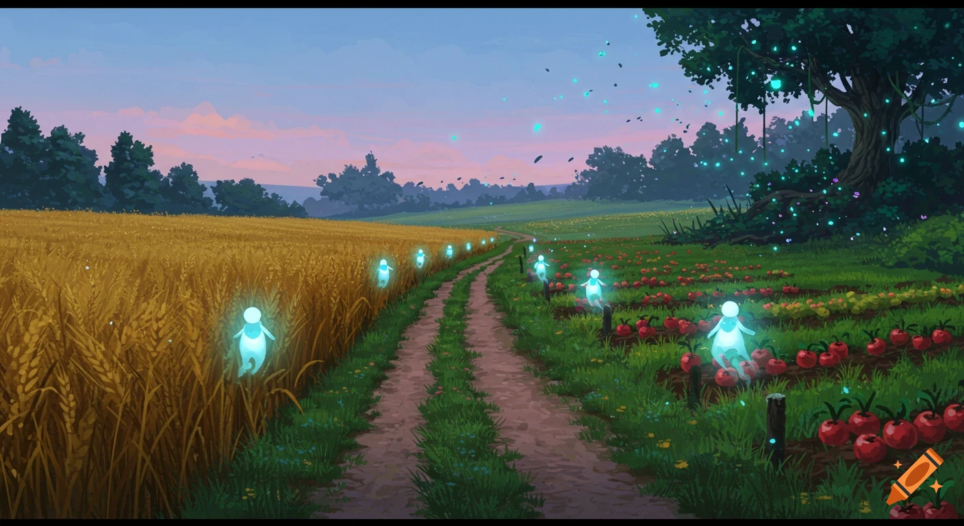 A fantasy landscape at dusk with a dirt path between golden wheat and red fruit rows, glowing blue sprites hover. A bioluminescent forest and pastel sky in the background.