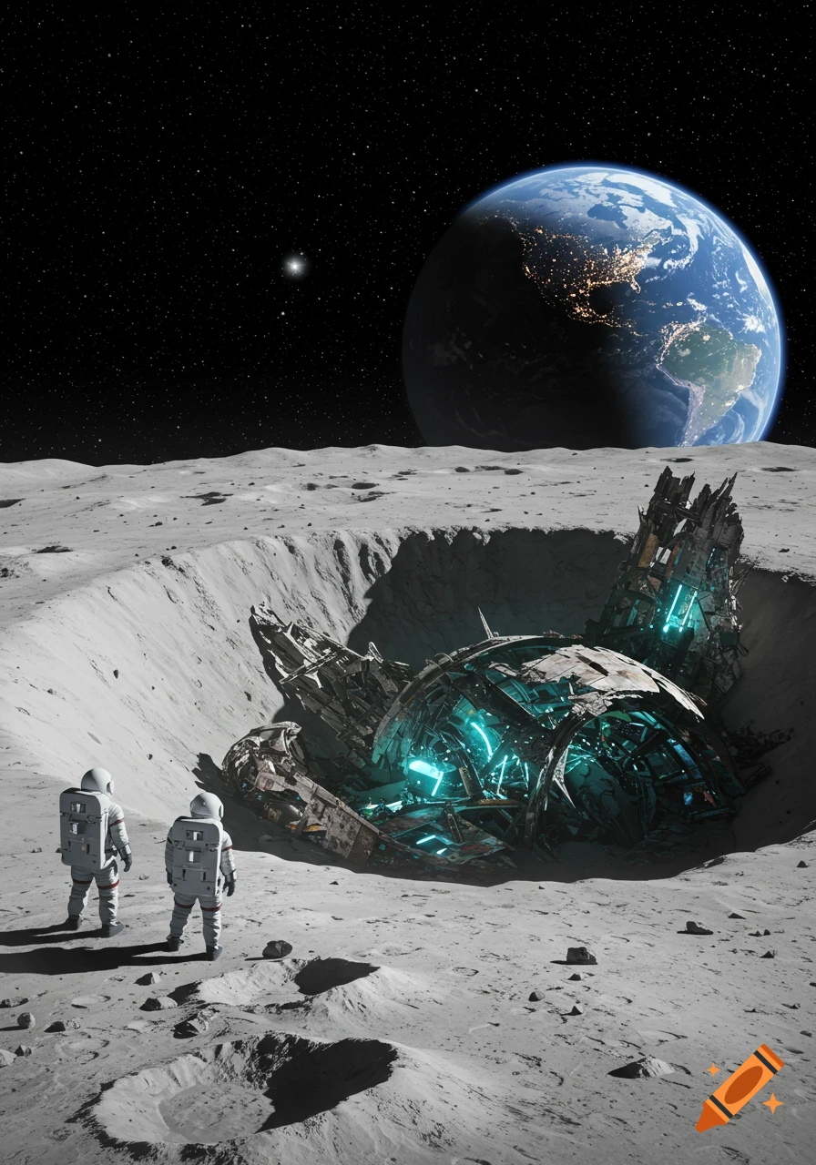 Two astronauts on the Moon observe a crashed alien spaceship in a crater, with Earth visible in the starry sky.