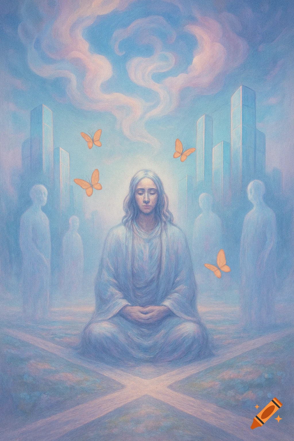 A person meditates cross-legged, surrounded by glowing light, orange butterflies, ethereal figures, and city buildings under a cloudy sky in a dreamy, spiritual art style.