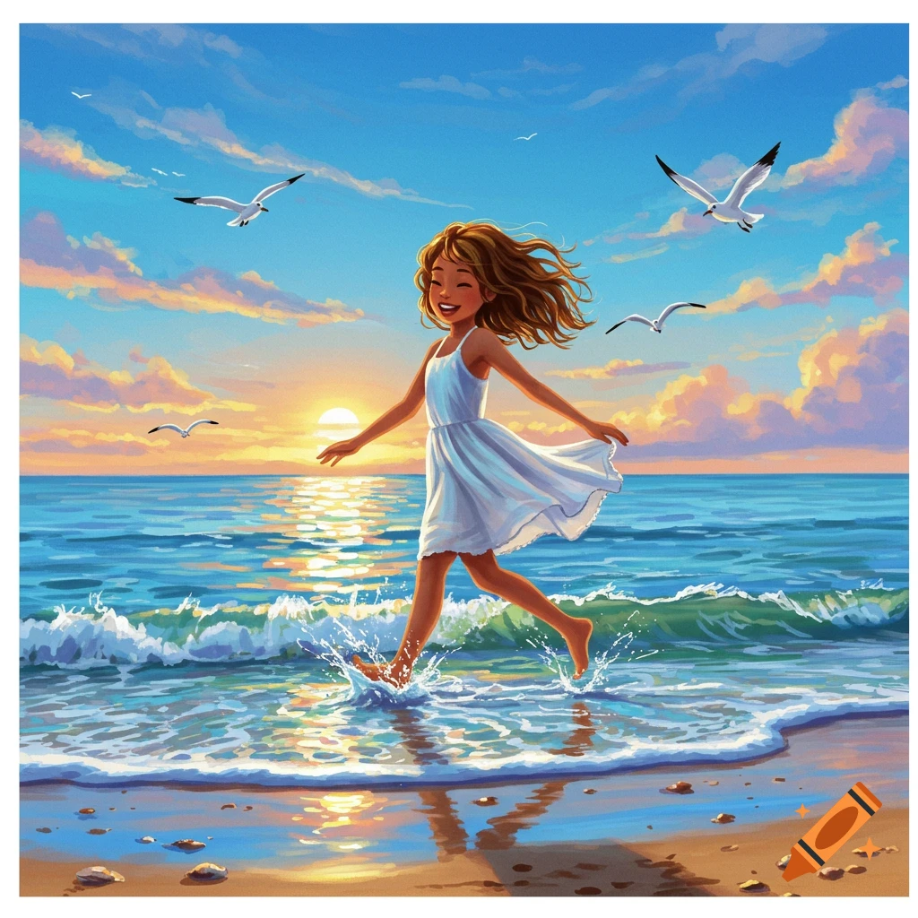 A happy cartoon girl with flowing hair runs through the shallow ocean water on a beach at sunset, with seagulls flying overhead.