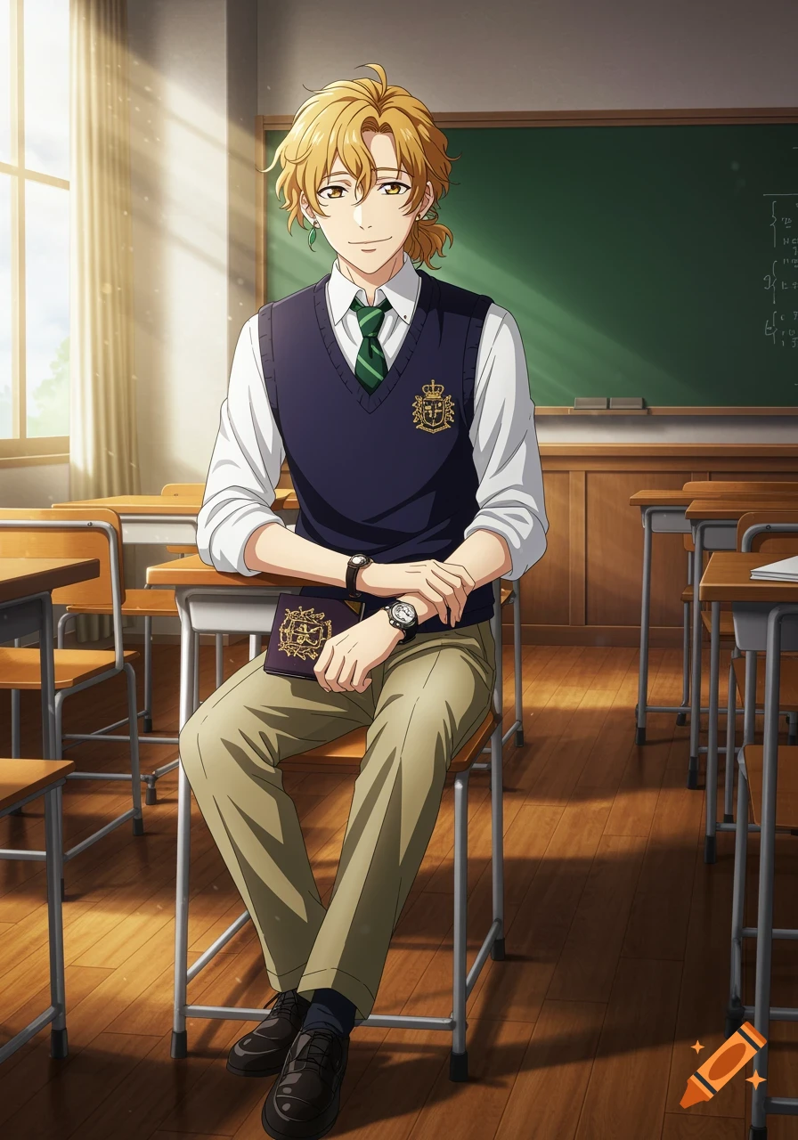 Anime male character with blonde curly hair in a school uniform, sitting at a desk in a classroom.