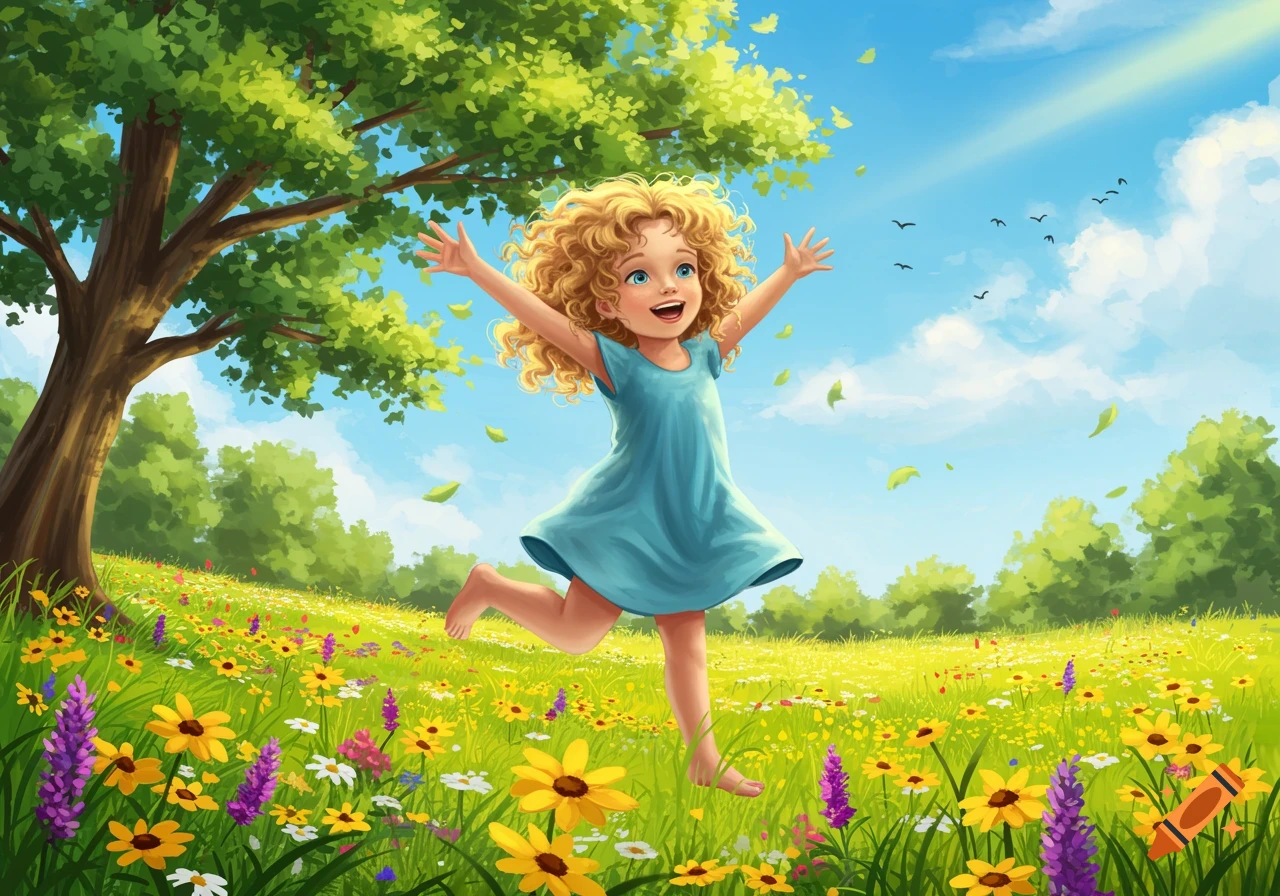A joyful cartoon girl with curly blonde hair and a blue dress skips barefoot through a vibrant green meadow filled with yellow and purple wildflowers, under a bright blue sky.