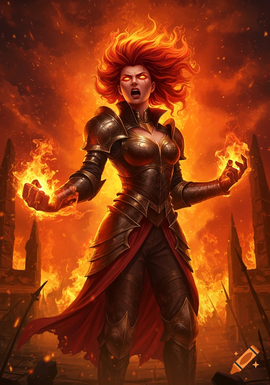 A fierce female warrior with fiery red hair and glowing eyes, clad in golden armor, summons flames in a burning landscape.