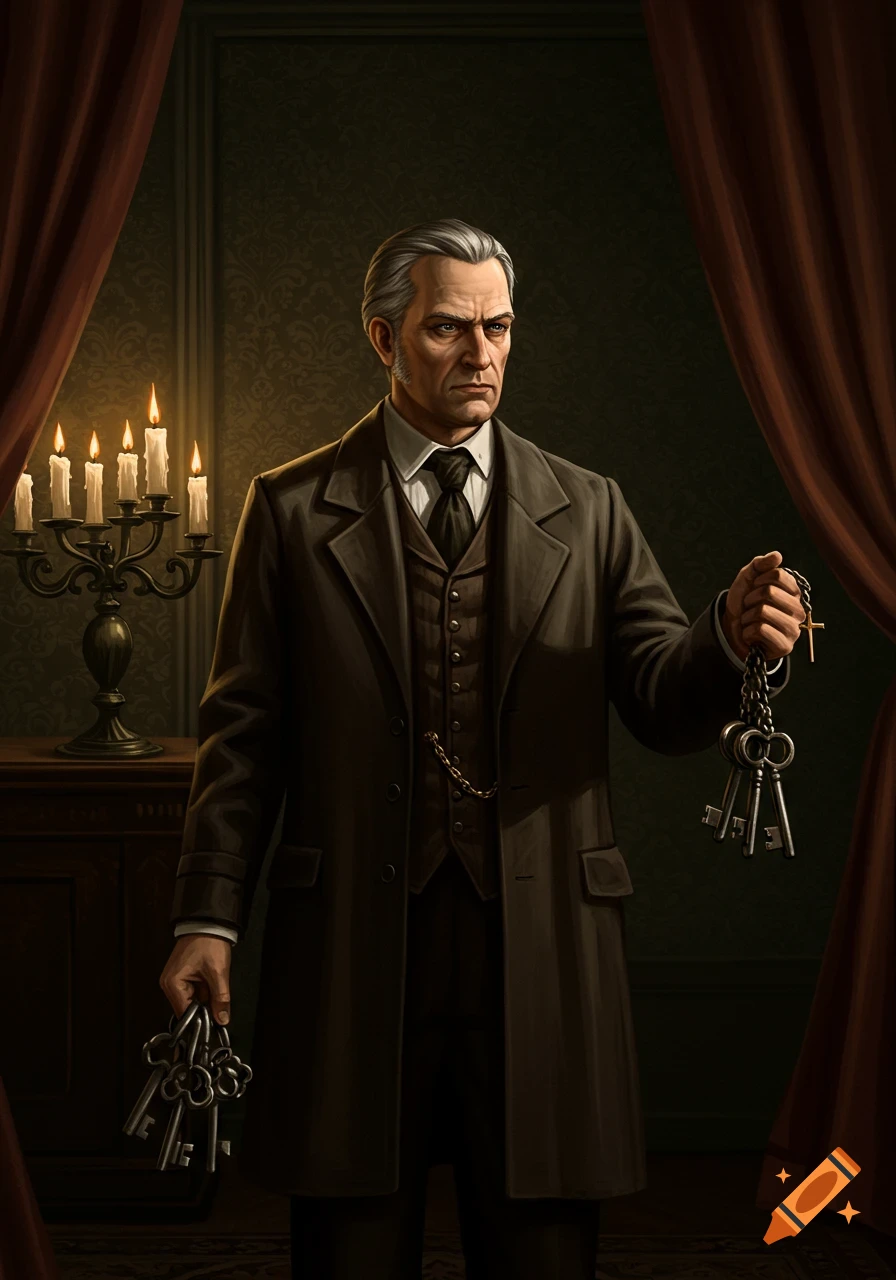 A stern, gray-haired man in a dark coat holds bunches of old keys in a dimly lit, old-fashioned room with a candelabra.
