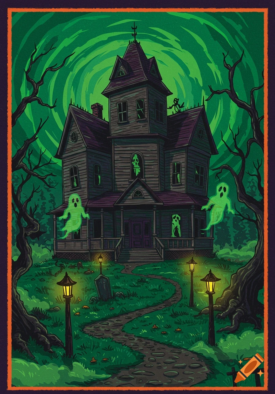 Stylized illustration of a haunted house with green ghosts, twisted trees, and a winding path under a swirling green sky.
