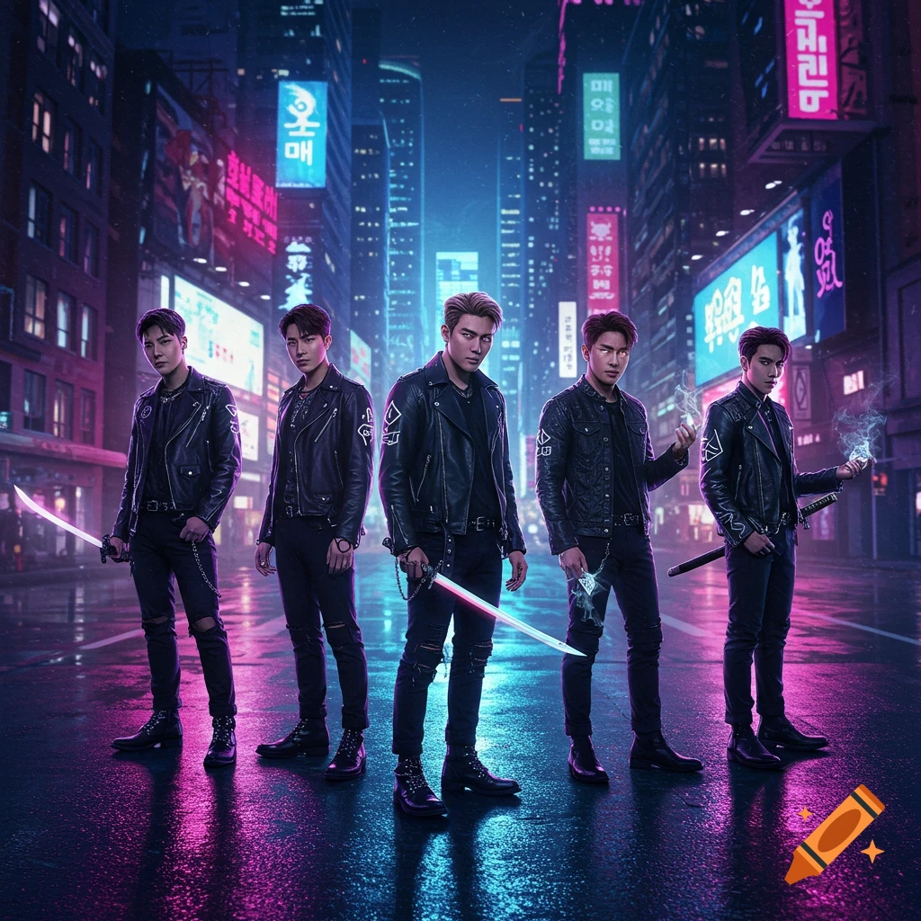 Five men in black leather jackets hold glowing futuristic swords in a neon-lit cyberpunk city at night with wet streets reflecting lights.