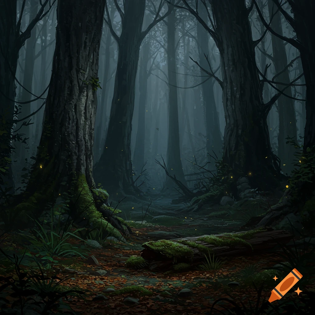 Dark, misty forest with tall trees, moss-covered ground, and glowing specks of light.