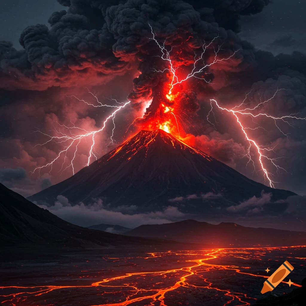 A dramatic volcanic eruption under a dark, stormy sky with red lightning and glowing lava flows.