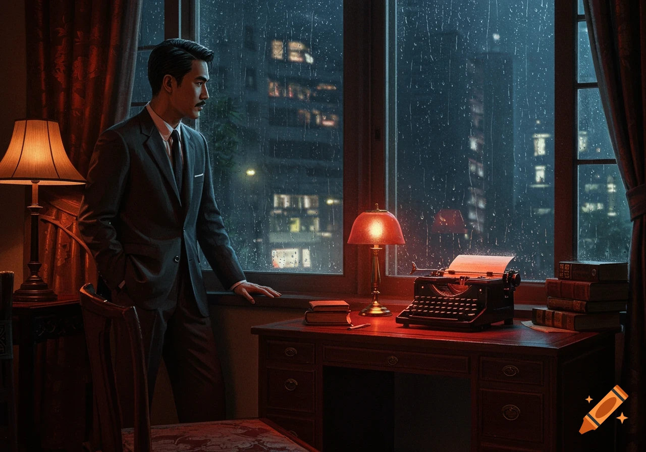 A man in a suit with a mustache looks out a rainy window from a dimly lit room with a typewriter, evoking a cinematic noir style.