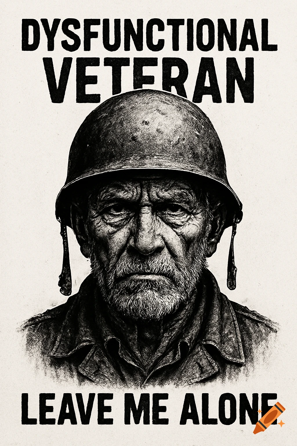 Gritty black and white portrait of a grizzled veteran in a helmet. Text reads 'DYSFUNCTIONAL VETERAN' and 'LEAVE ME ALONE'.