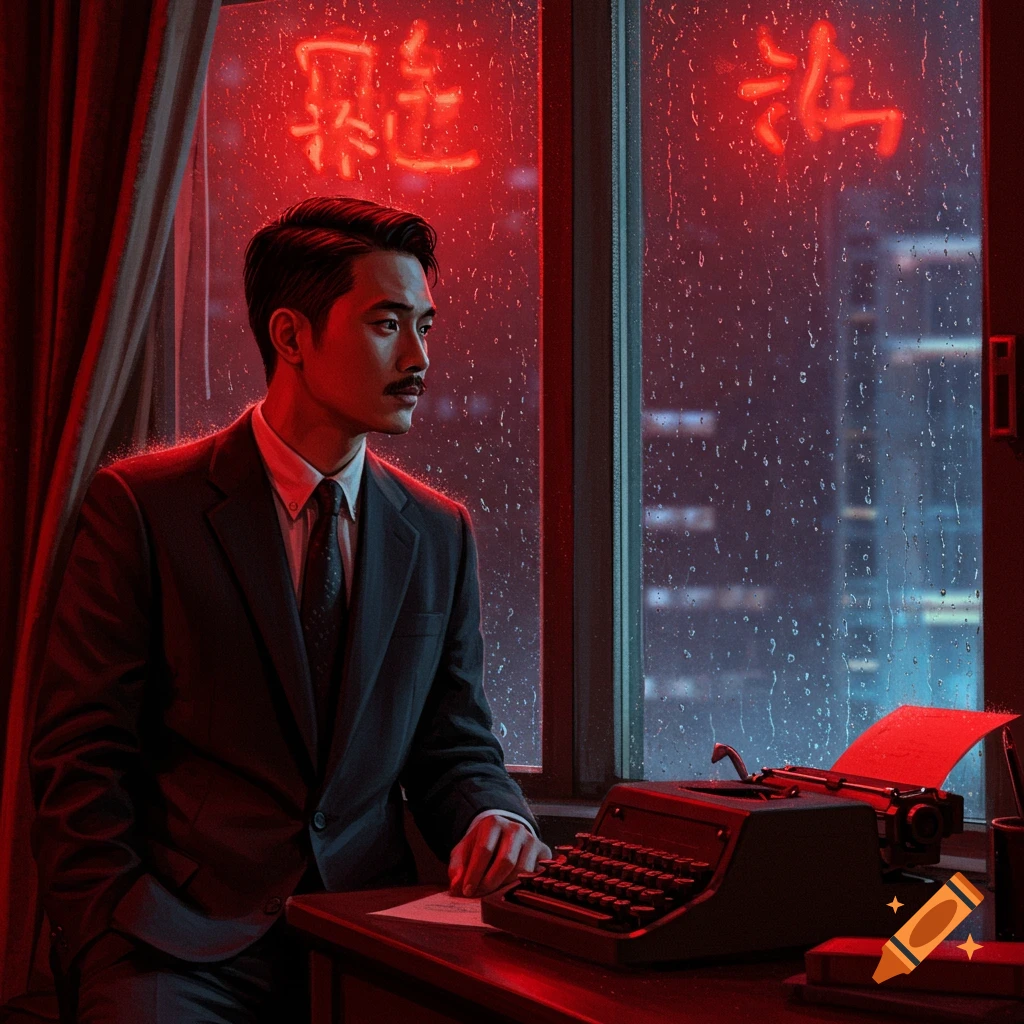 A man in a suit gazes out a rainy night city window with red neon, a typewriter on his desk, in a noir cinematic style.