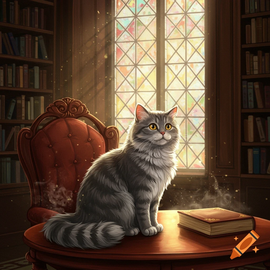 A fluffy grey tabby cat sits on a wooden table in a sunlit, ornate library with a stained-glass window. Illustrative style.