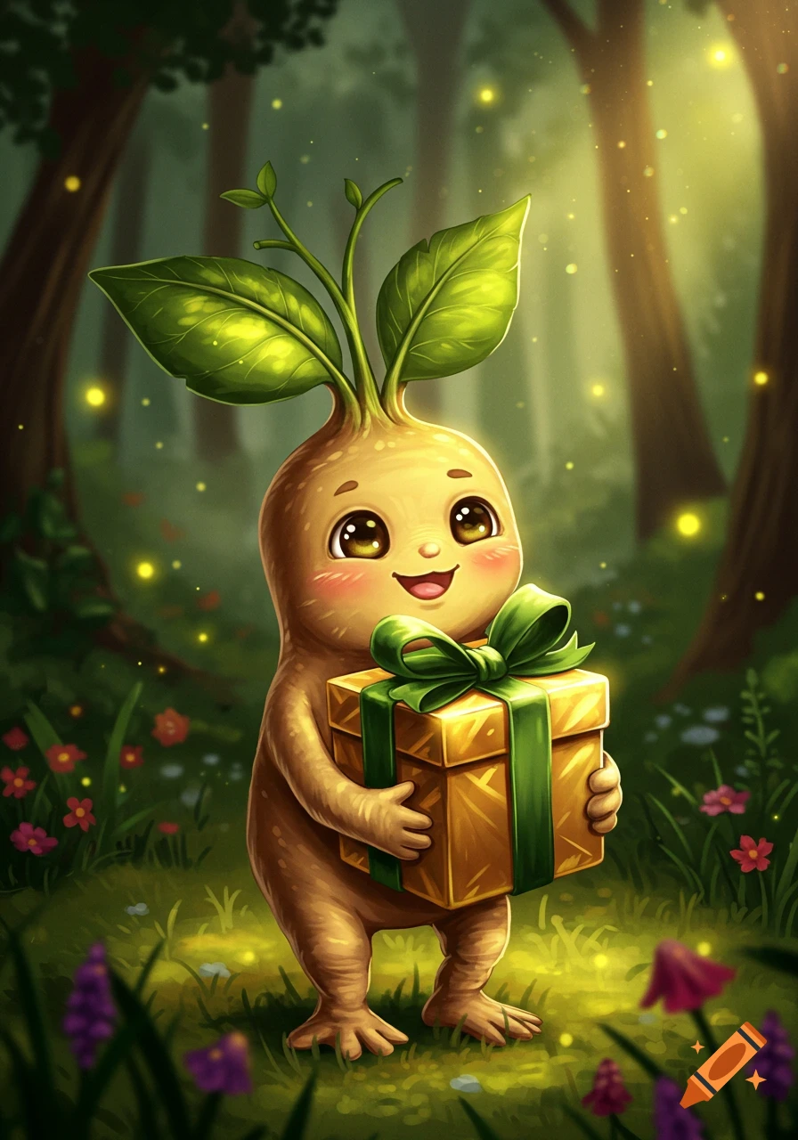 A cute, smiling mandrake with leafy hair holds a golden gift box with a green ribbon in a magical forest with glowing fireflies.