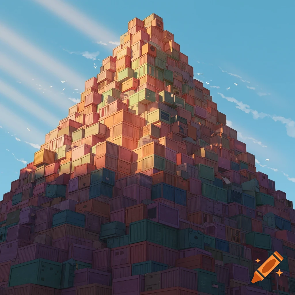 A towering pyramid-shaped mountain of colorful storage boxes under a bright blue sky with sun rays and birds.