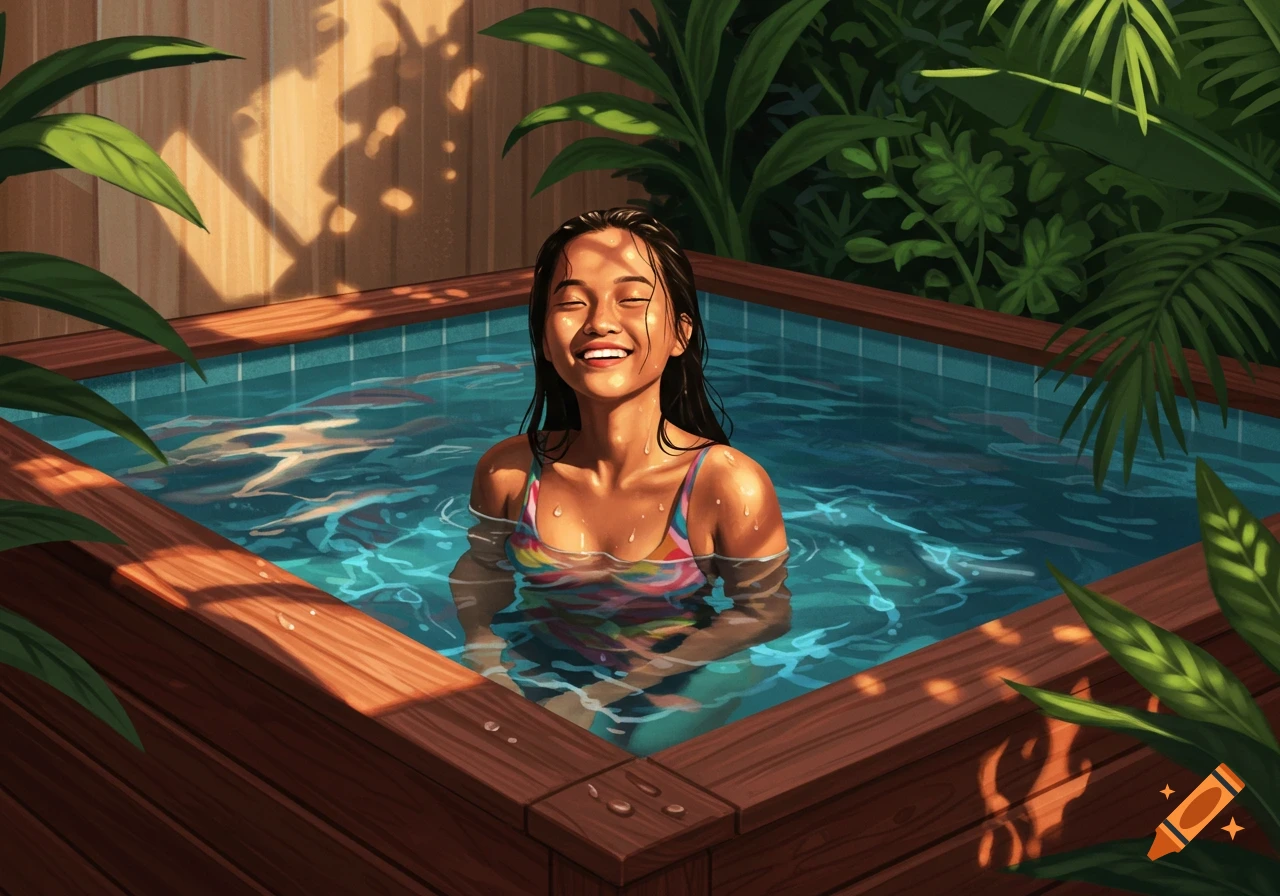 Smiling Filipina woman in a swimsuit relaxing in a wooden above-ground pool surrounded by green plants, digital art.