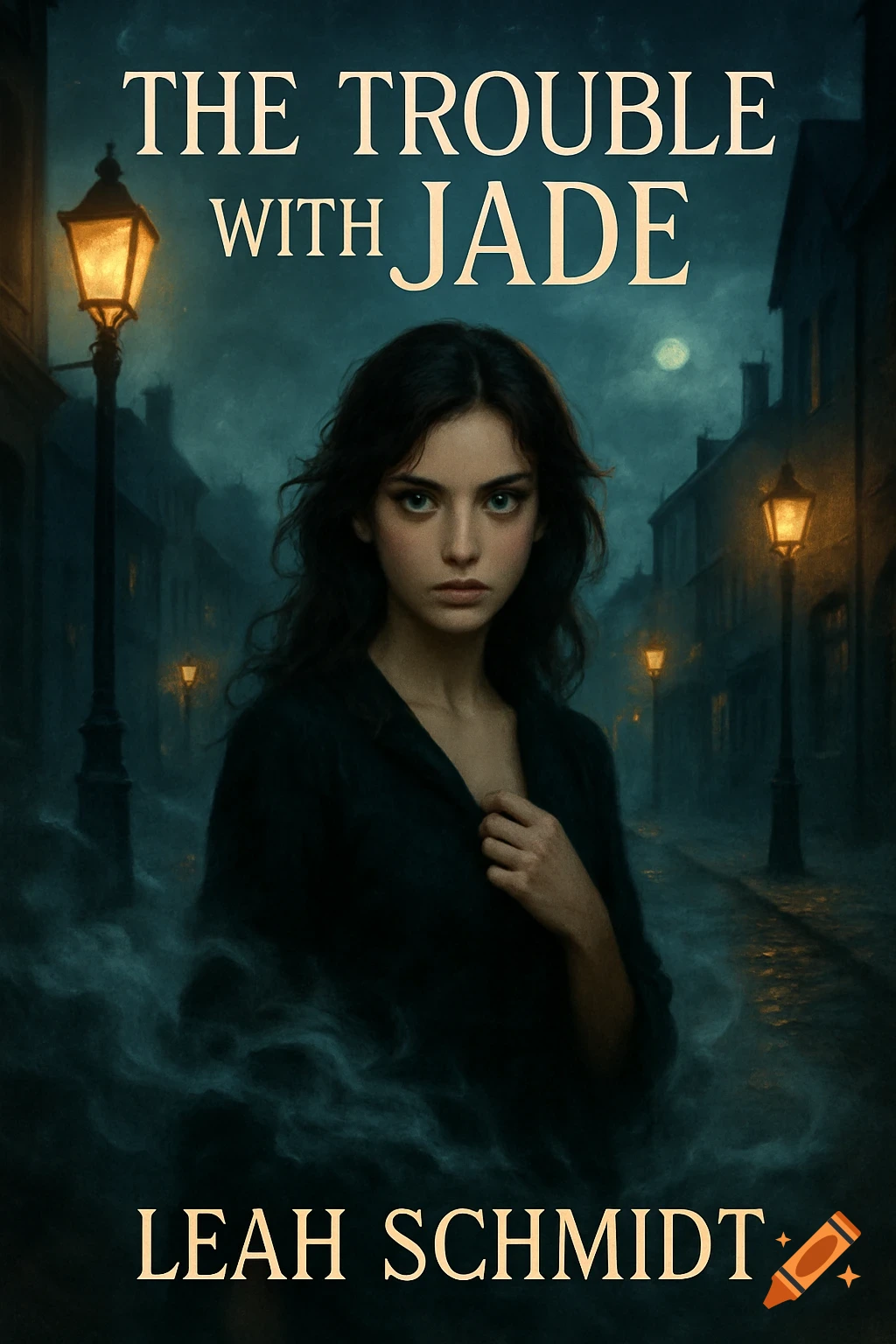 Book cover for 'The Trouble With Jade' by Leah Schmidt, showing a serious woman in a foggy, gaslit street at night.