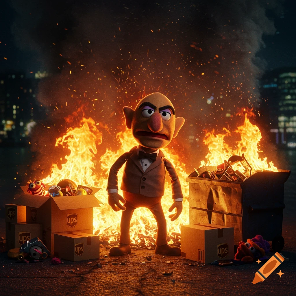 A Muppet-like character, Waldorf, stands angrily before a large dumpster fire, surrounded by burning UPS boxes in a dark city.