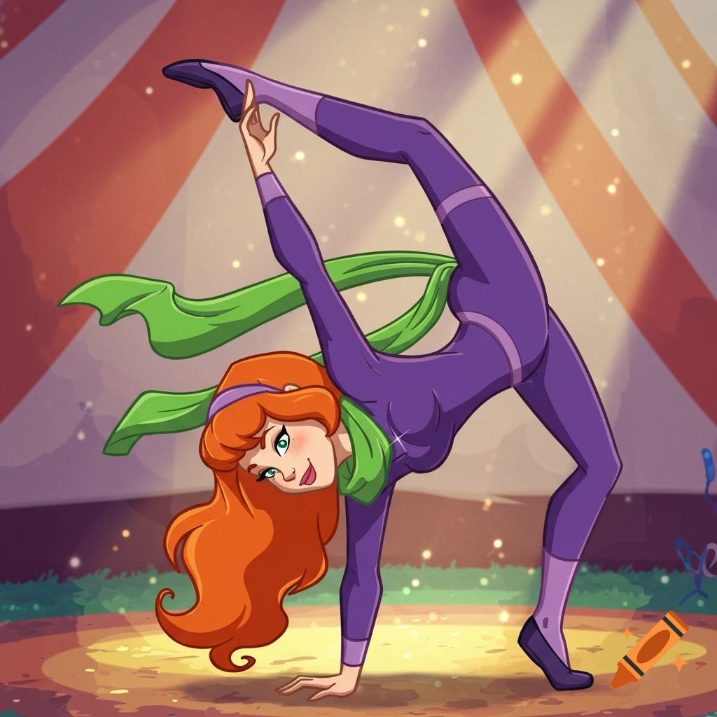 Daphne from Scooby-Doo in a purple leotard doing a stag handstand under a spotlight in a 2D cartoon style.