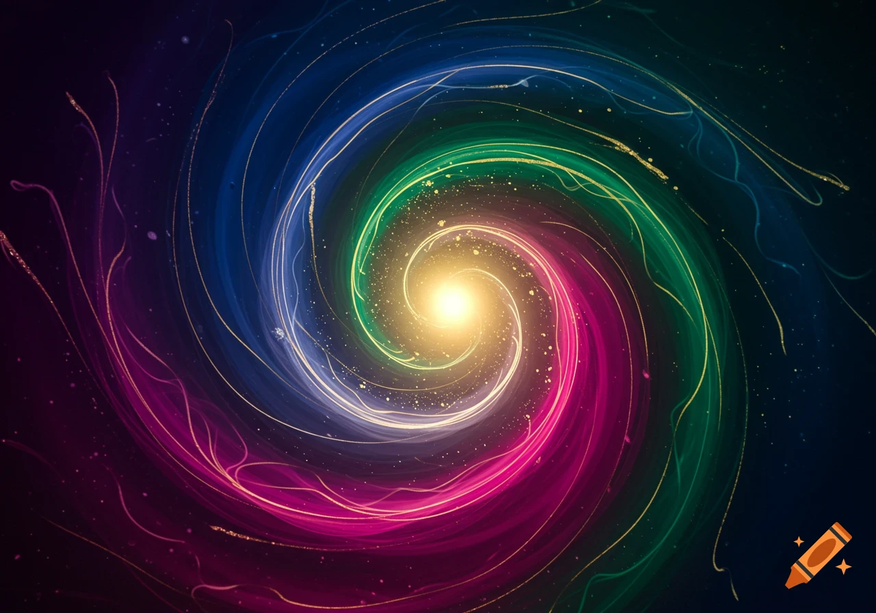 Vibrant abstract swirl of blue, green, magenta, and gold light with a bright center and sparkling particles.