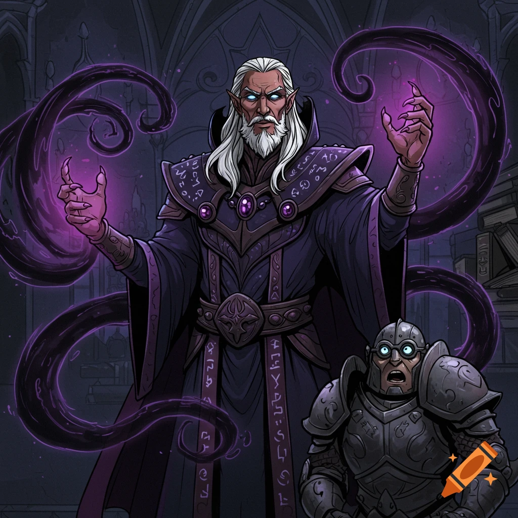 A stylized 2D drawing of an evil sorcerer casting dark magic, with a frightened armored minion looking on in a dark chamber.