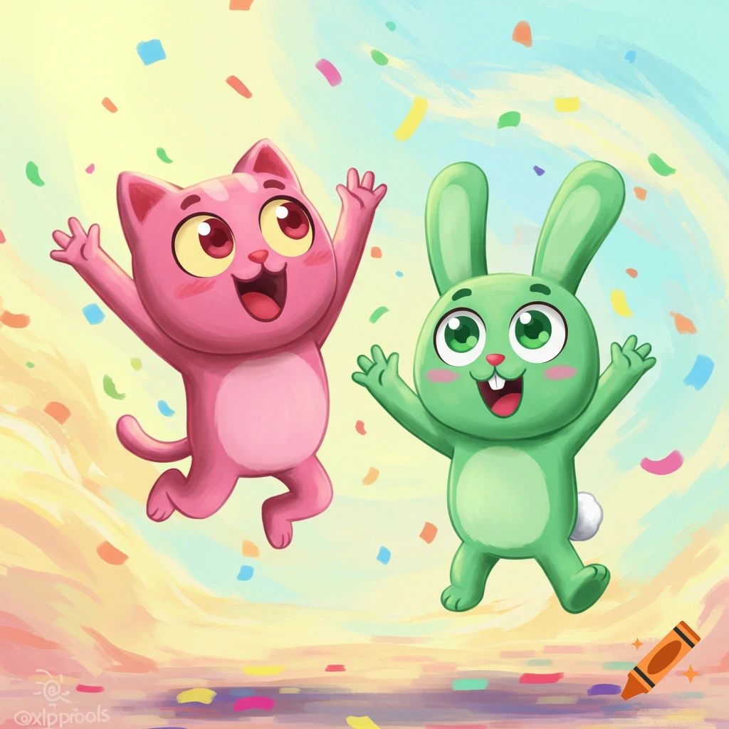 A cheerful pink cat and green bunny jump excitedly amidst colorful confetti against a pastel sky.