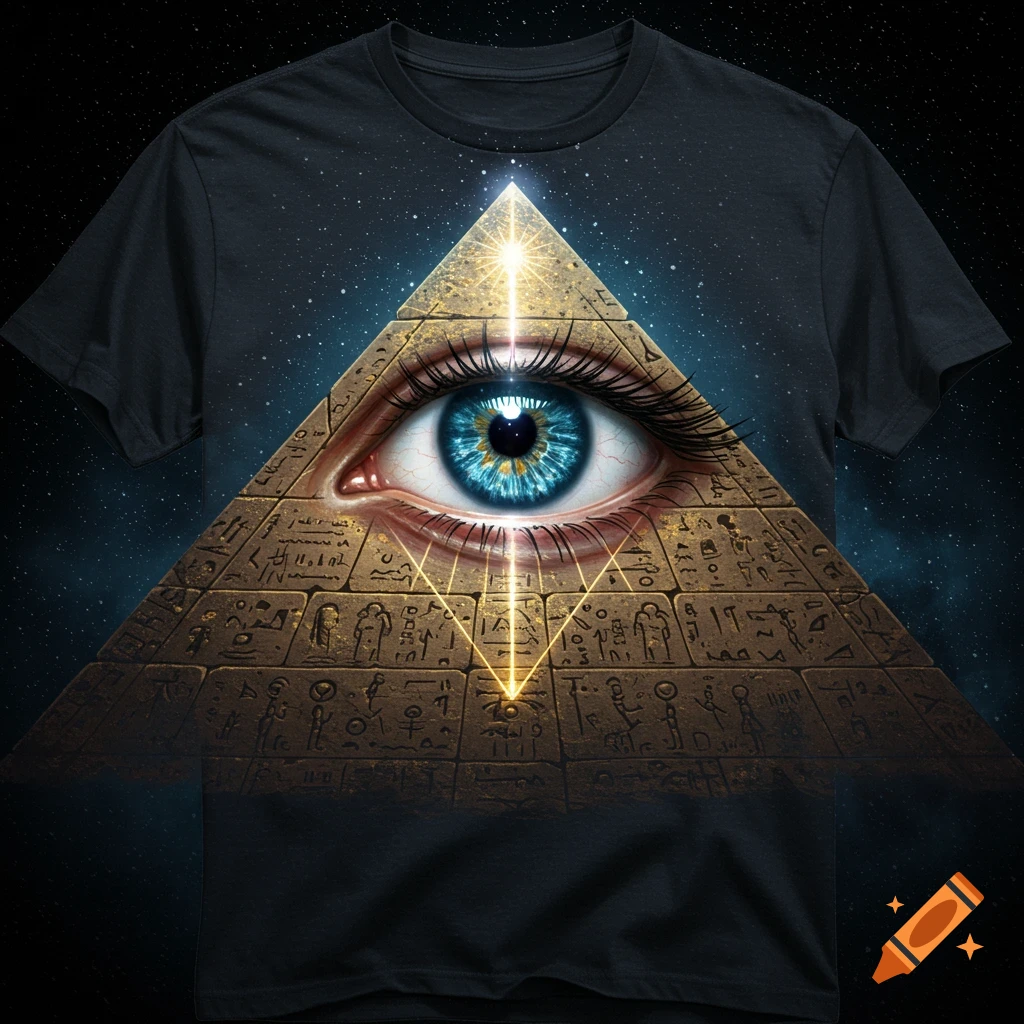 A t-shirt features a large, blue, detailed eye centered within a golden pyramid with hieroglyphs, against a starry cosmic background.
