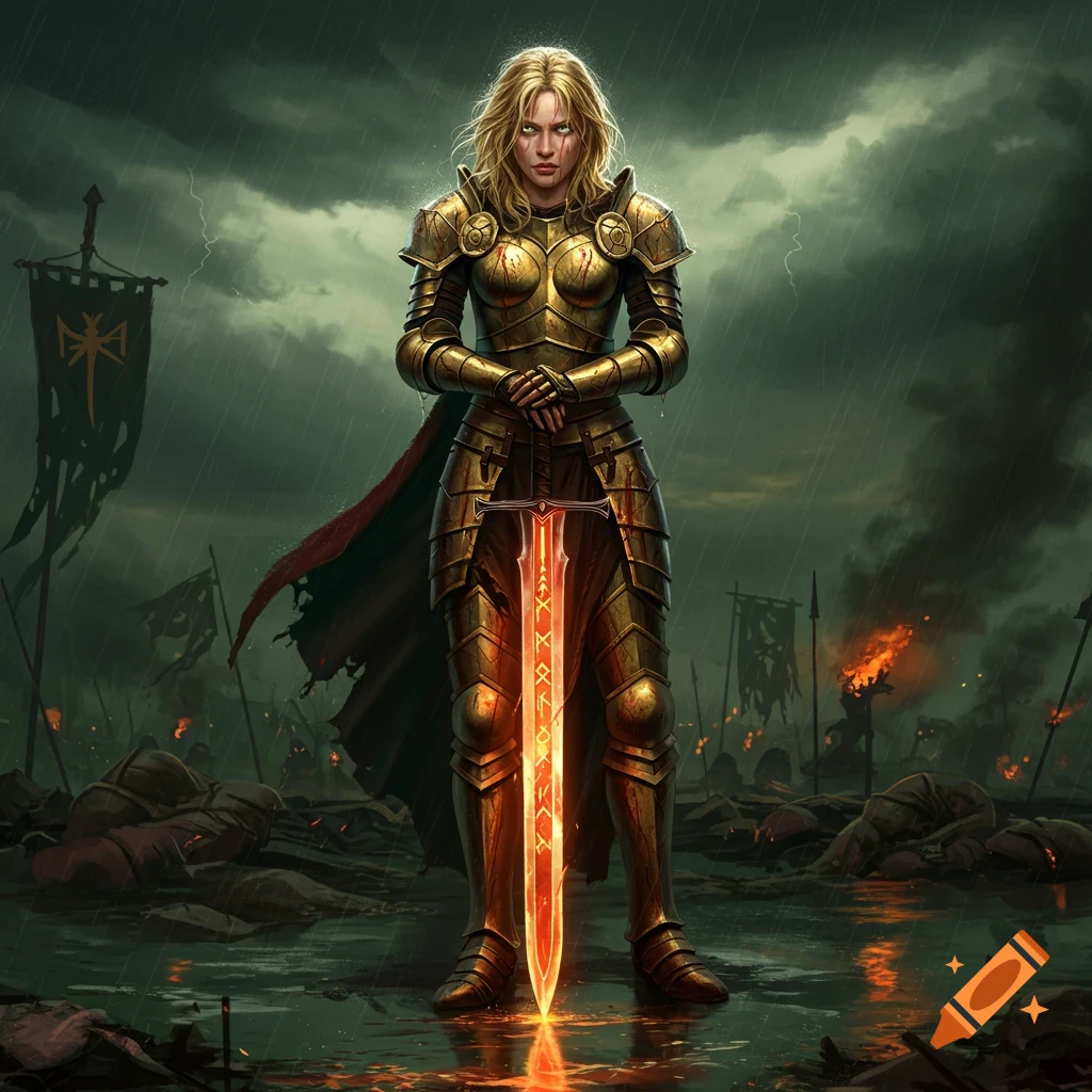 A powerful blond female warrior in golden armor stands with a glowing sword on a rain-soaked battlefield after combat, with lightning and burning banners in the background in a dark fantasy style.