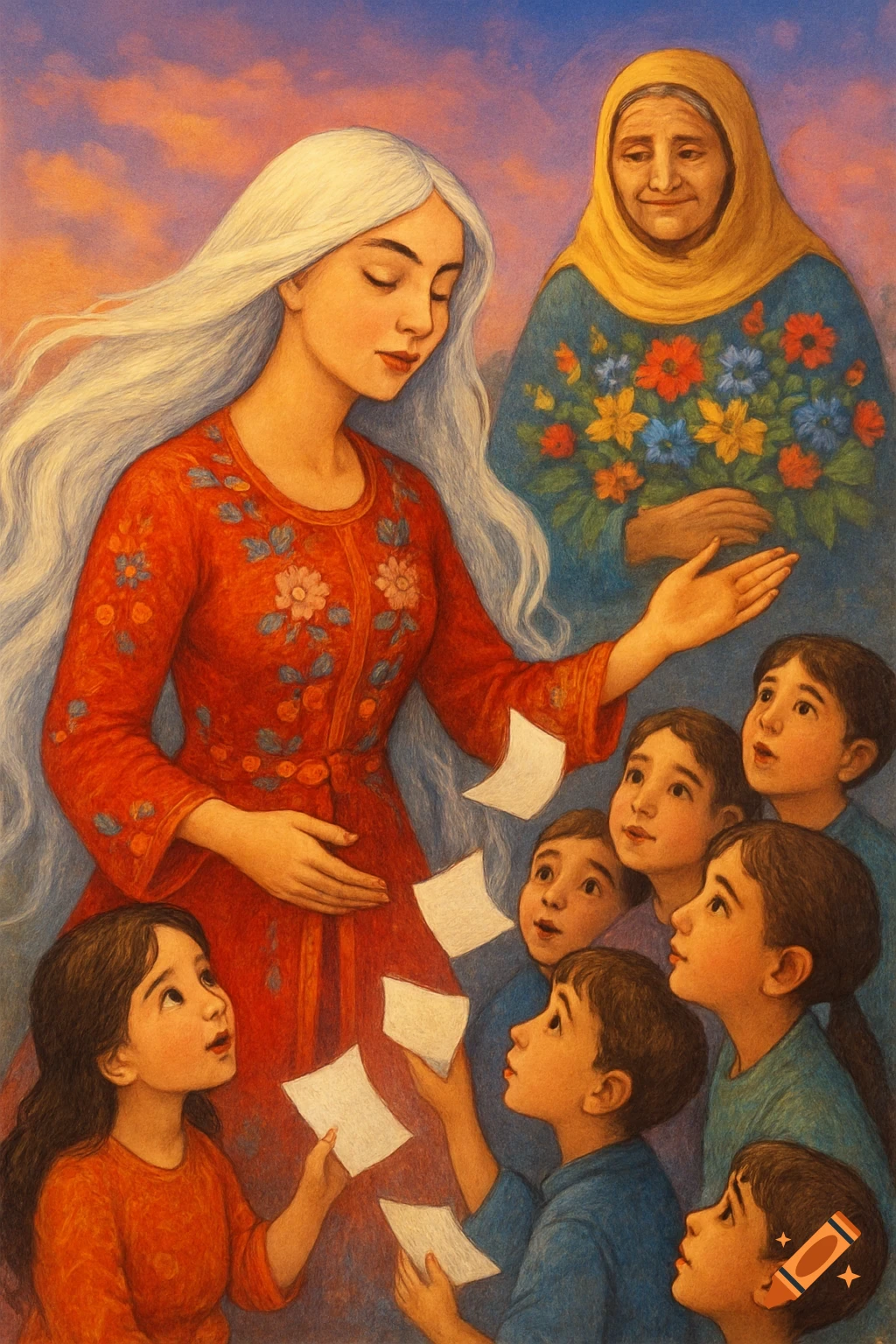 Artistic painting of a young woman with long white hair in a red traditional dress, speaking to attentive children as white papers float. An elderly woman with a yellow headscarf holds a bouquet in the background.