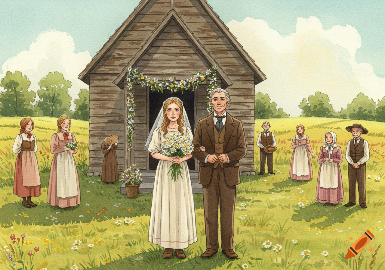 A watercolor illustration of a rural 1856 wedding outside a simple wooden church, with a bride and groom among guests in a sunny field.