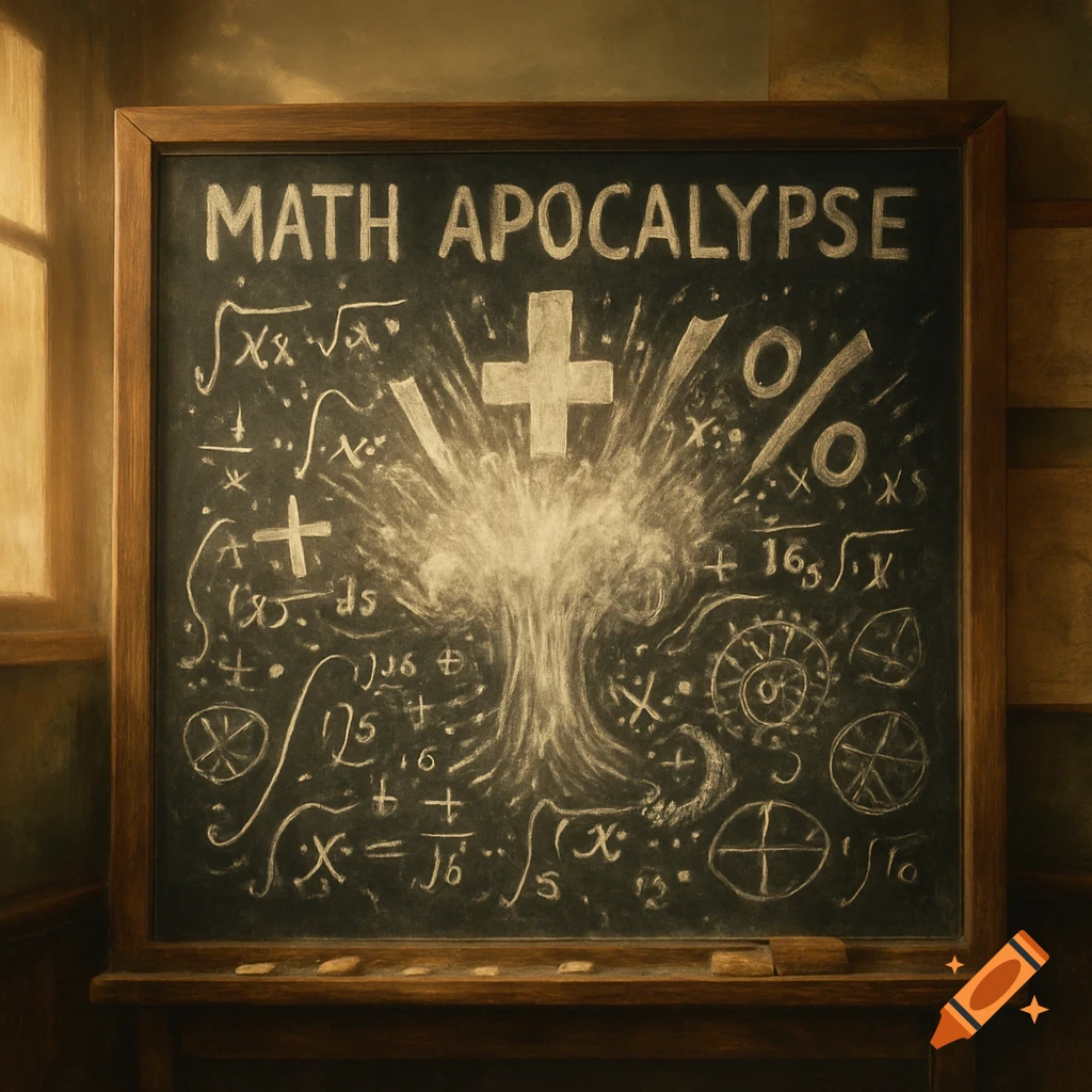 A chalkboard with "MATH APOCALYPSE" written at the top. Various math symbols explode from the center, creating a dramatic, chalk-drawn scene.