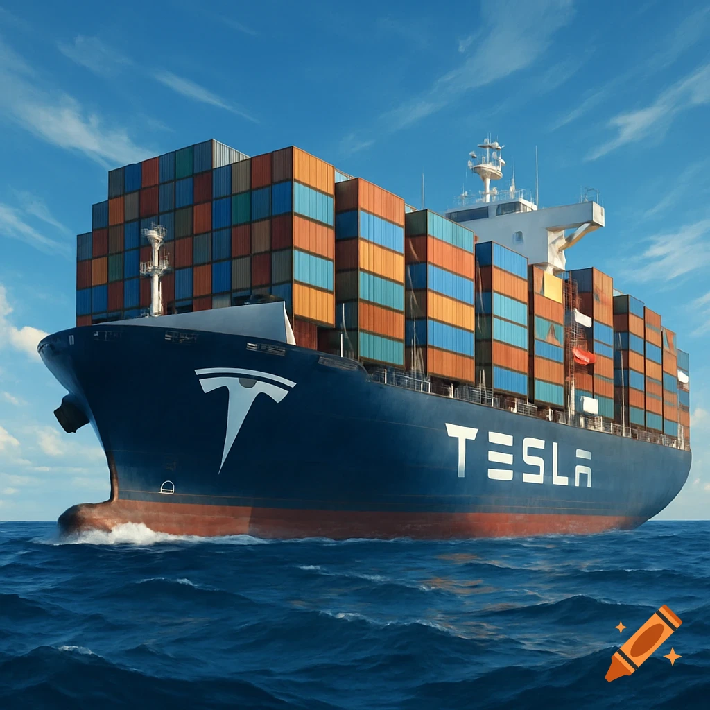 A large blue Tesla-branded container ship sails on a wavy ocean under a blue sky, laden with colorful shipping containers.