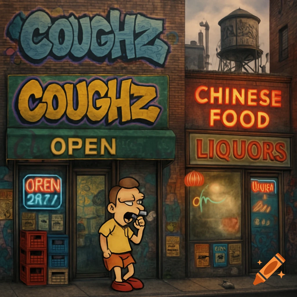 A cartoon man smokes a blunt outside two city storefronts. One is "Coughz Open" and the other is "Chinese Food Liquors" with a water tower on the roof.