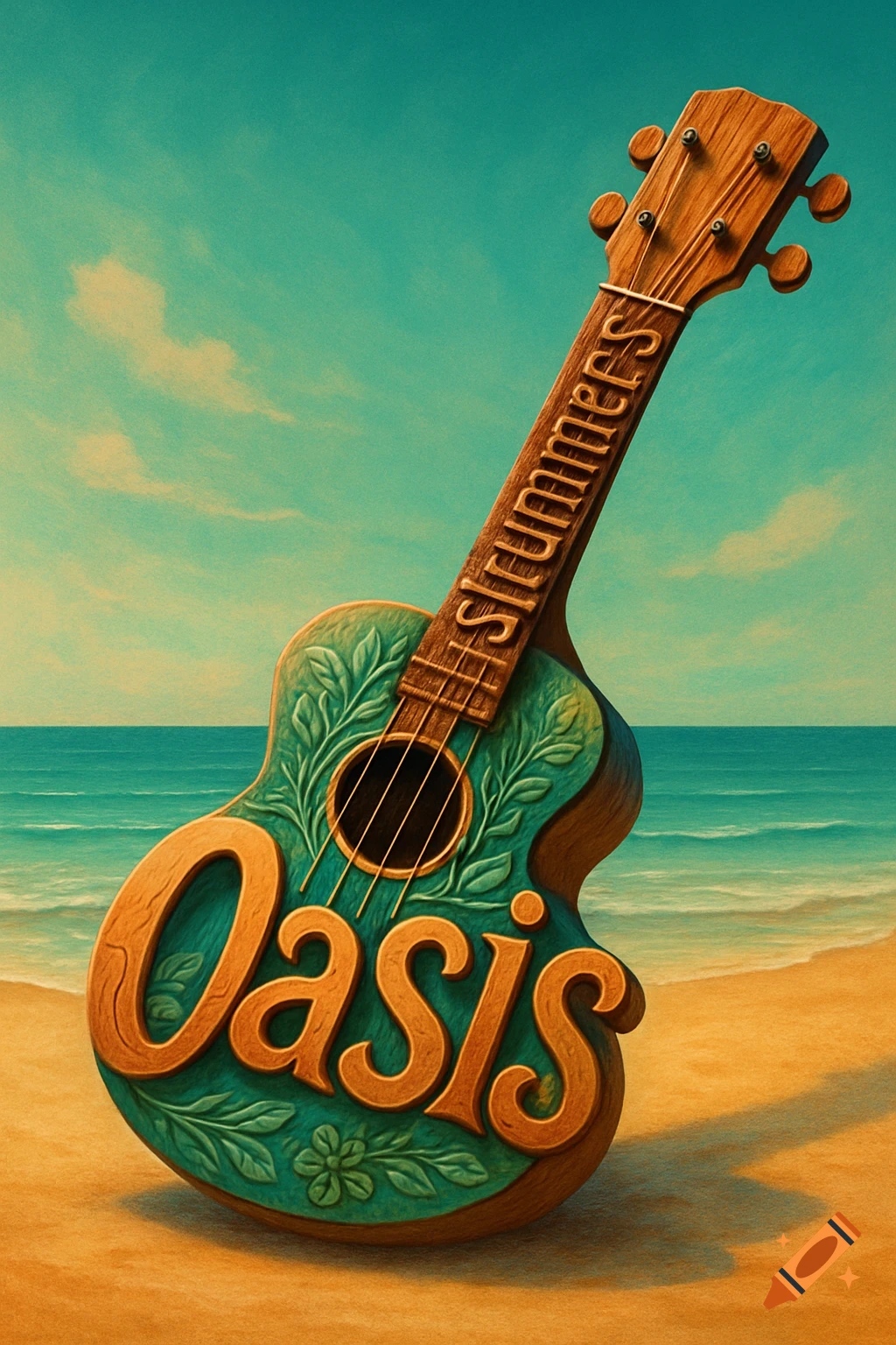 A stylized wooden ukulele with 'Oasis' on its body and 'strummers' on its neck stands on a sandy beach with the ocean in the background.
