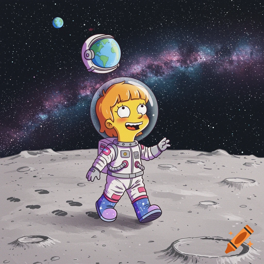 A cute girl in a Simpsons-style astronaut suit walking on the moon, with Earth and a galaxy in the starry sky.