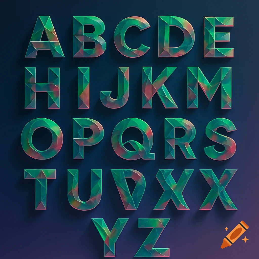 Uppercase alphabet letters A-Z, faceted with a green and pink gem-like texture on a dark background, casting shadows.