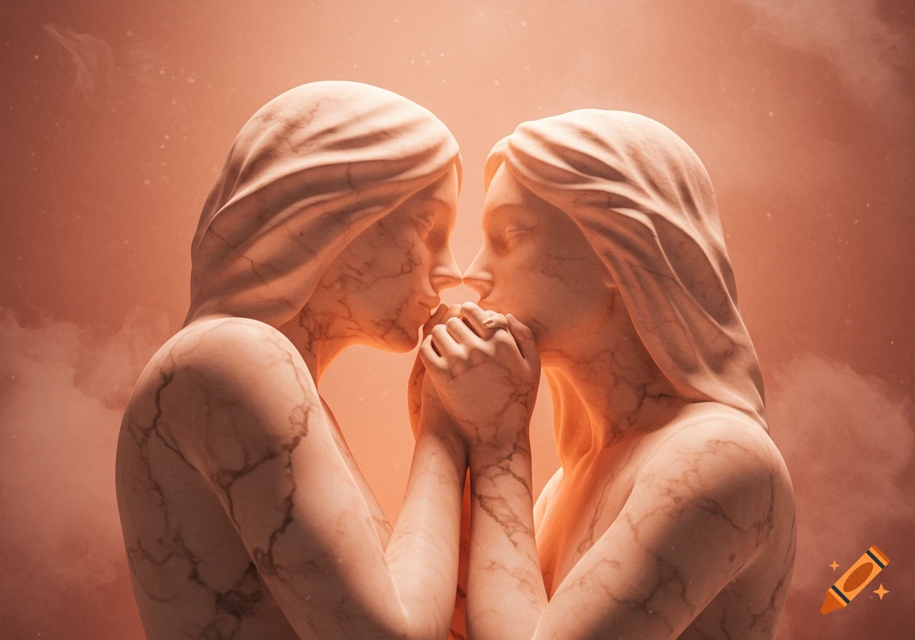 Two marble statues with draped fabric lean in for a kiss, hands clasped, against a warm, ethereal background.