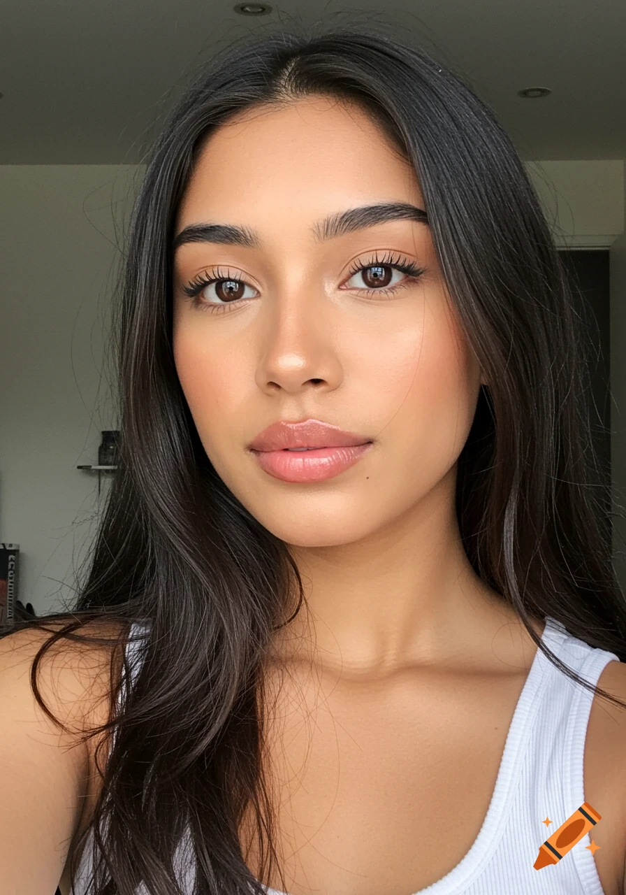 Close-up photorealistic portrait of a beautiful Hispanic woman with long dark hair, natural lighting, and a neutral background.