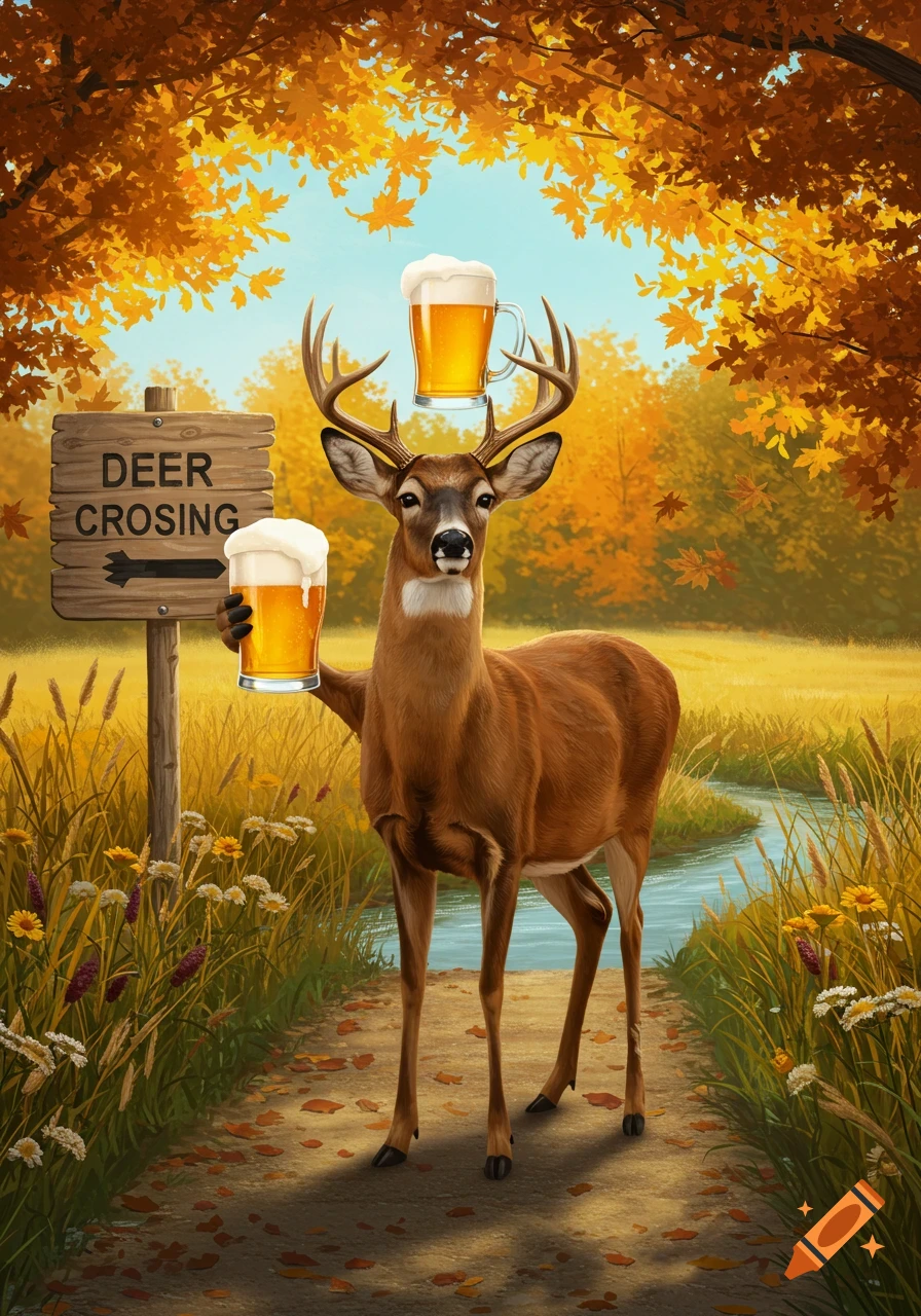 A deer holds a beer mug and balances another on its antlers in an autumn forest next to a 'DEER CROSING' sign.