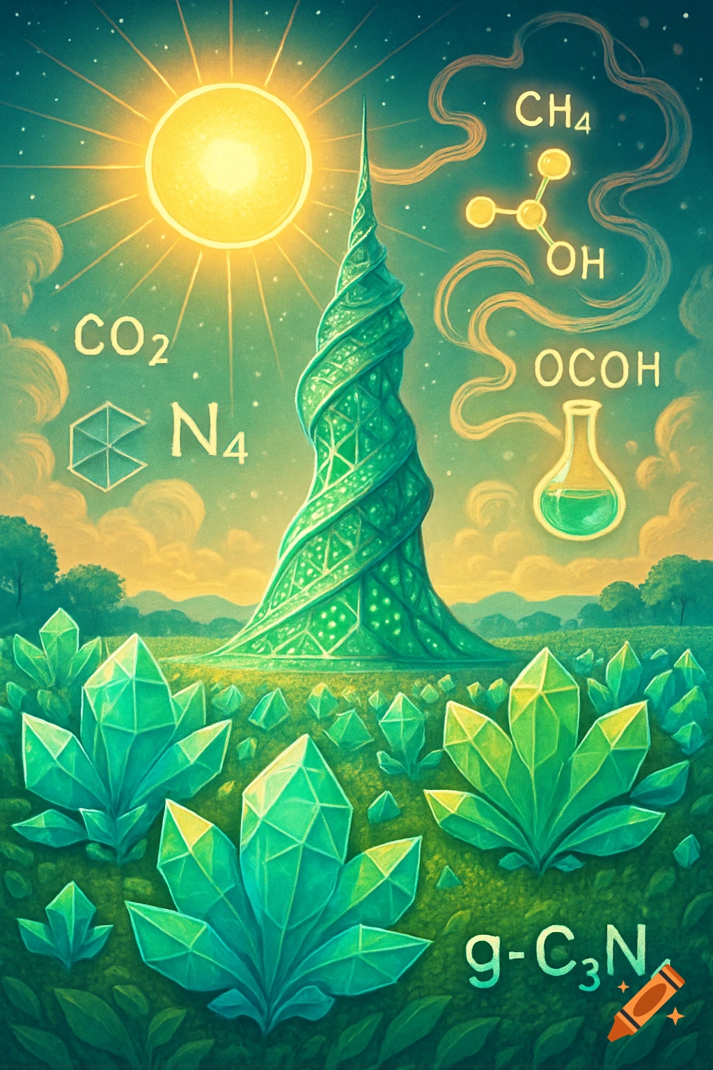 A vibrant, illustrative landscape with a towering green spiral structure, glowing sun, and crystalline plants. Chemical formulas like CO₂, CH₄, and g-C₃N₄ float in the sky, alongside a beaker with green liquid, representing a blend of nature and chemistry.