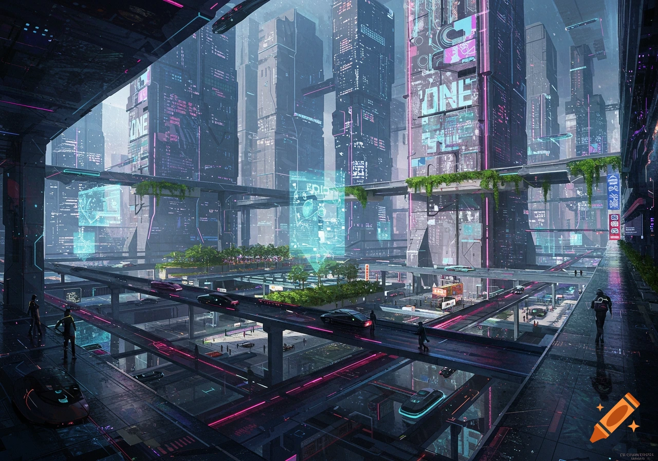 A vibrant, futuristic cityscape with neon lights, elevated roads, flying vehicles, and dense skyscrapers under a bright sky.