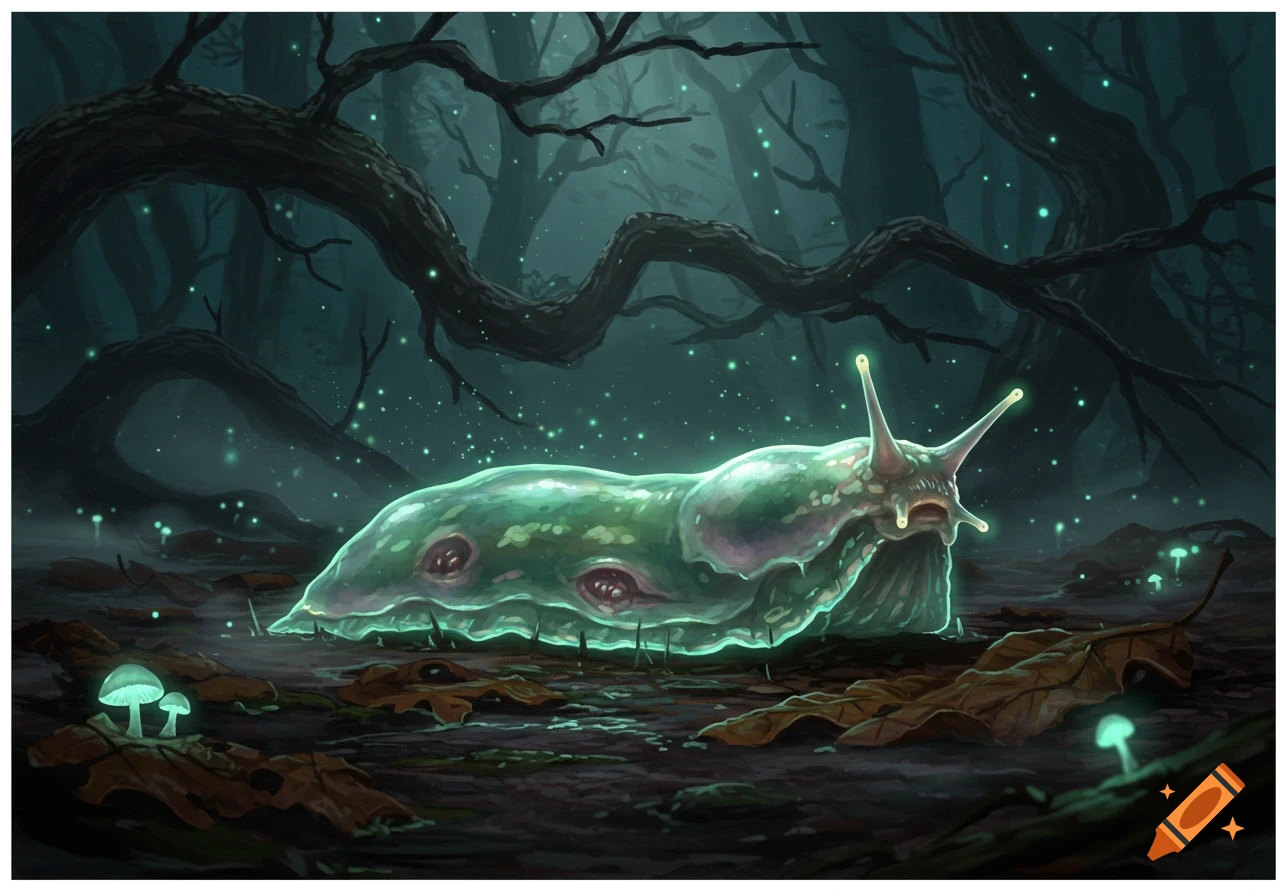 A glowing, ghastly slug with multiple eyes crawls through a dark, mystical forest with luminous mushrooms and tangled branches.