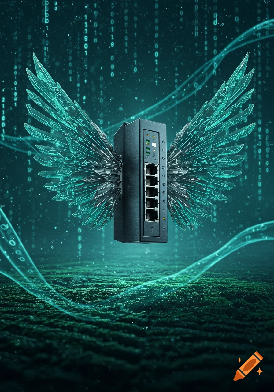 A network switch with glowing circuit-board wings, floating above a digital landscape with binary code raining down.