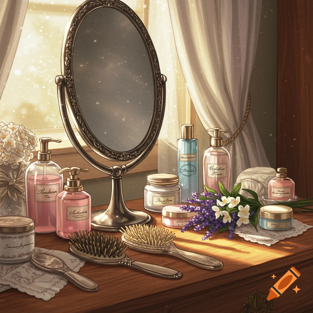 A detailed illustration of a sunlit vanity table with an ornate mirror, various beauty products, hairbrushes, and a bouquet of lavender and white flowers.